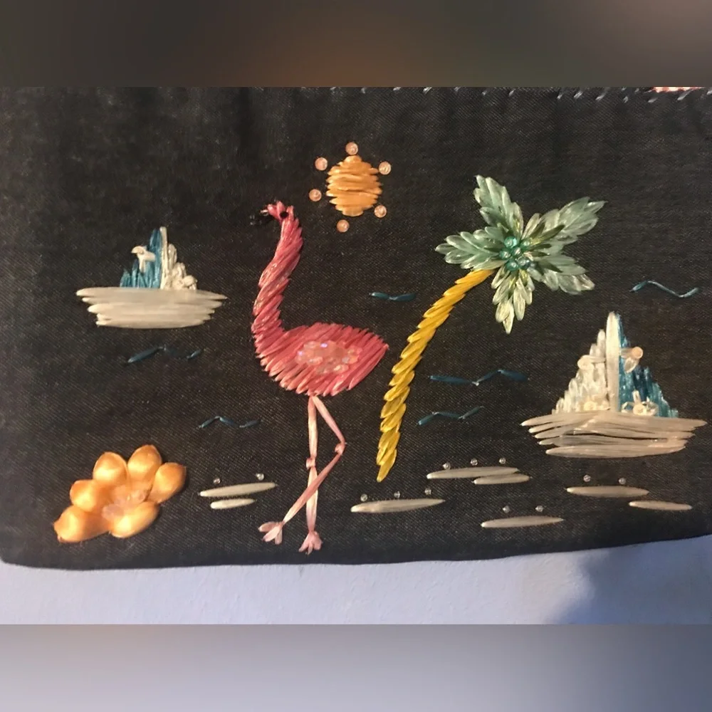 Timmy Woods Beverly Hills~Tote Handbag~Embellished Canvas~Tropical~Flamingo